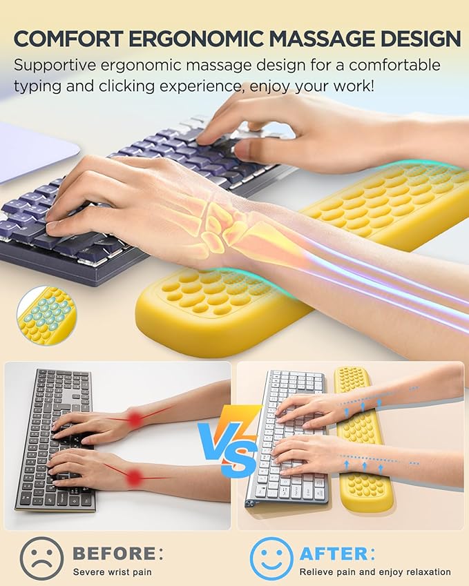 Lekvey Ergonomic Keyboard Wrist Rest, Waterproof PU Leather Wrist Pad with Memory Foam Massage Points, Durable Carpal Tunnel Support for Office/Gaming, Typing Pain Relief, Easy-Clean, Yellow