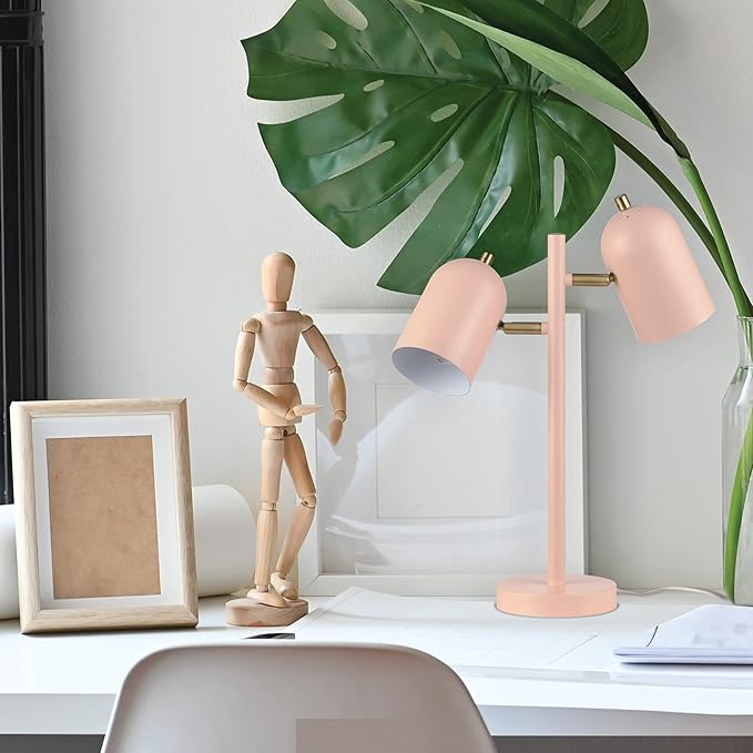GLOBE Electric 30290 19" 2-Light Desk Lamp, Matte Pink, Brass Accents, 2.1A USB Port, On/Off Rotary Switch on Each Shade, Reading Light, Dorm Room Essentials, Lamps for Living-Room, Office Décor
