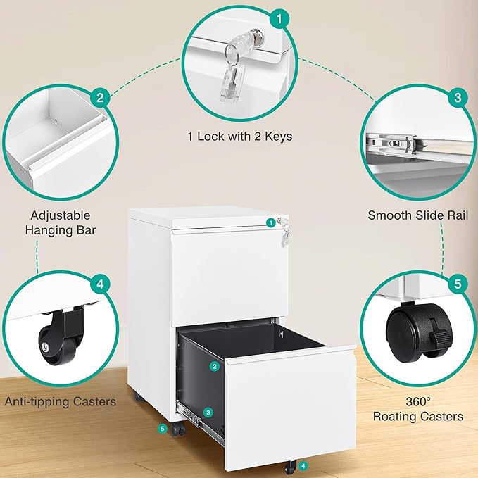 SISESOL Assembled 2 Drawer File Cabinet on Wheels,Metal Filing Cabinet with Lock,White Rolling File Cabinets,Under Desk Office Cabinets for Home Office,Fit A4/Letter/Legal,Pre-Assembled Except Caster