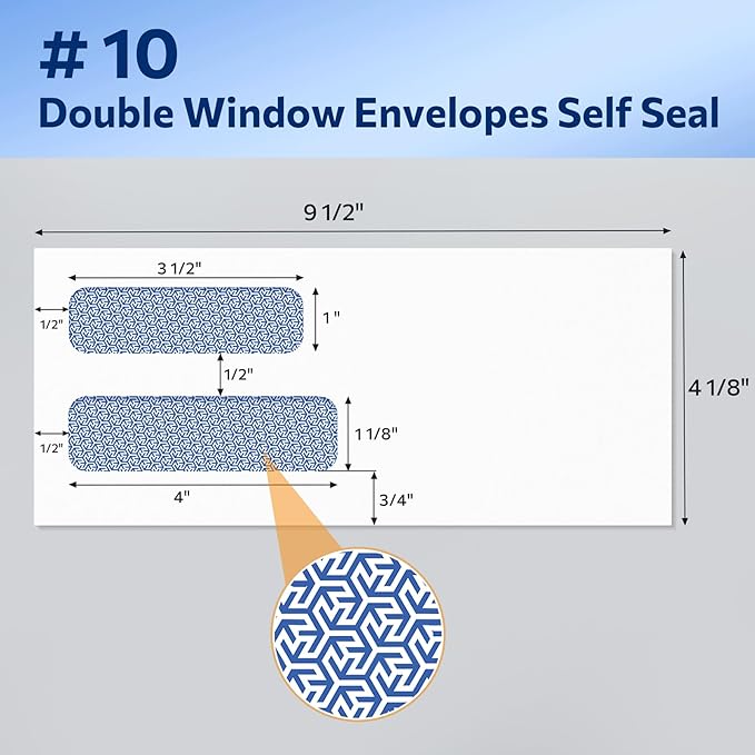 SUNEE Envelopes Self Seal – #10 Double Window Envelopes 500 Pack, Security Tint, Self Seal Closure, Fits Standard Business Checks, 4-1/8 x 9-1/2 Letter Envelope for Invoices & Mailings, 24LB