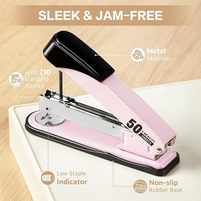 Deli Stapler Heavy Duty, Full Strip Staplers for Desk with 2000 Staples and Staple Remover, 50 Sheet Capacity, No Jam, Non-Slip Office Stapler with Staples for Office, Classroom, Pink