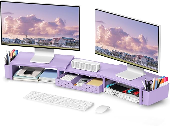 Purple Desk Organizers and Accessories, Dual Computer Monitor Stand Riser with Drawer and 2 Pen Holders, Office Desk Accessories, Workspace Desktop Organization for Office Supplies