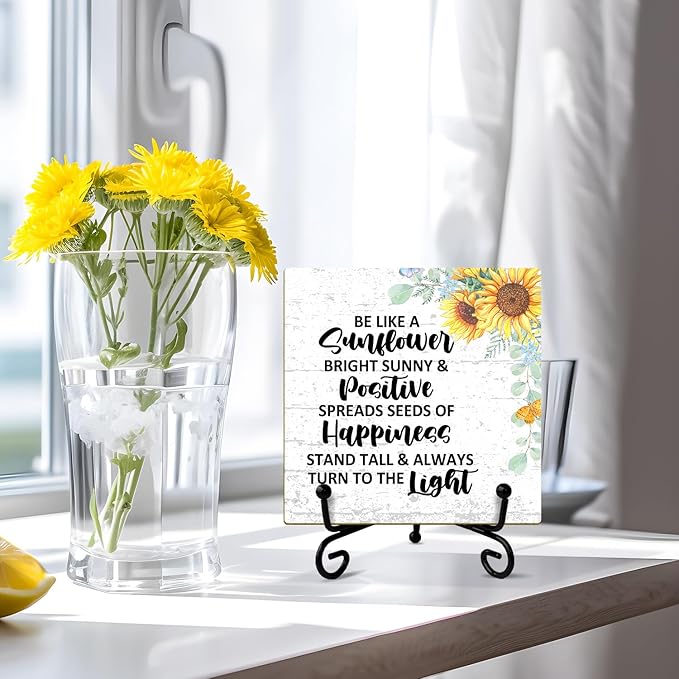 Sunflower Decor Wood Sign with Stand, Inspirational Gifts Motivational Gifts for Women Men Coworker Friends, Home Office Positive Decor Table Centerpiece Desk Decor Plaque for Bedroom Kitchen -37