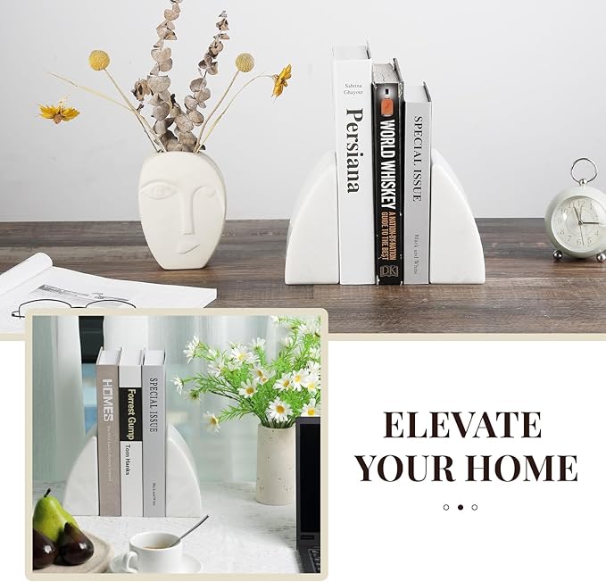 Koville Marble Bookends for Shelves, Large Bookends for Heavy Books, Natural Stone Book Stopper for Books CD Movies, Aesthetic Decorative Book Ends (White)