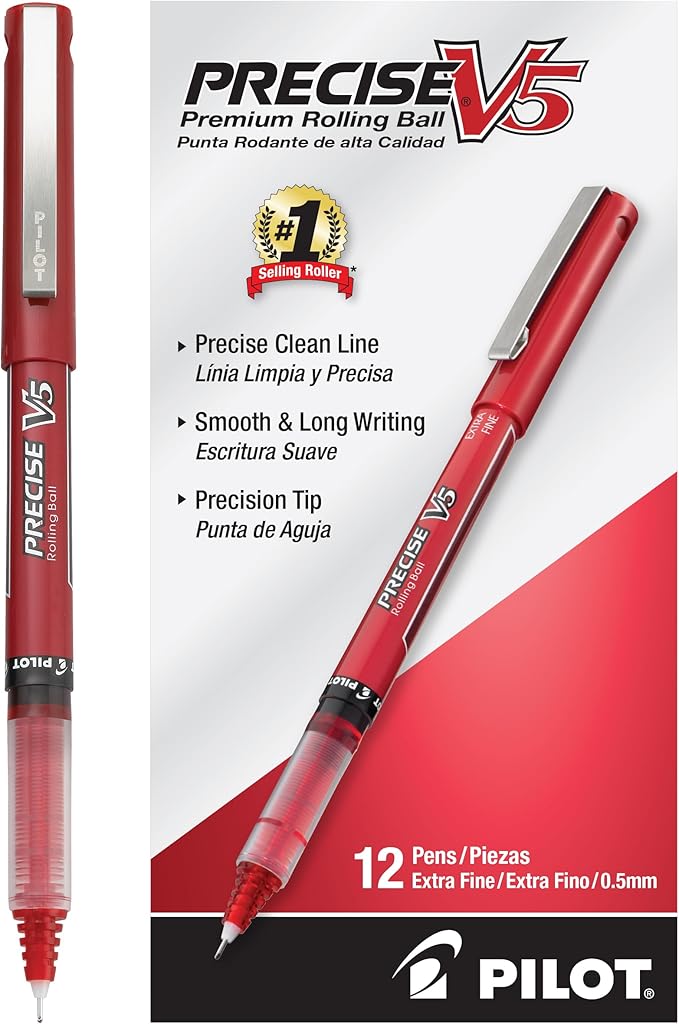 Pilot, Precise V5, Capped Liquid Ink Rolling Ball Pens, Extra Fine Point 0.5 mm, Red, Pack of 12