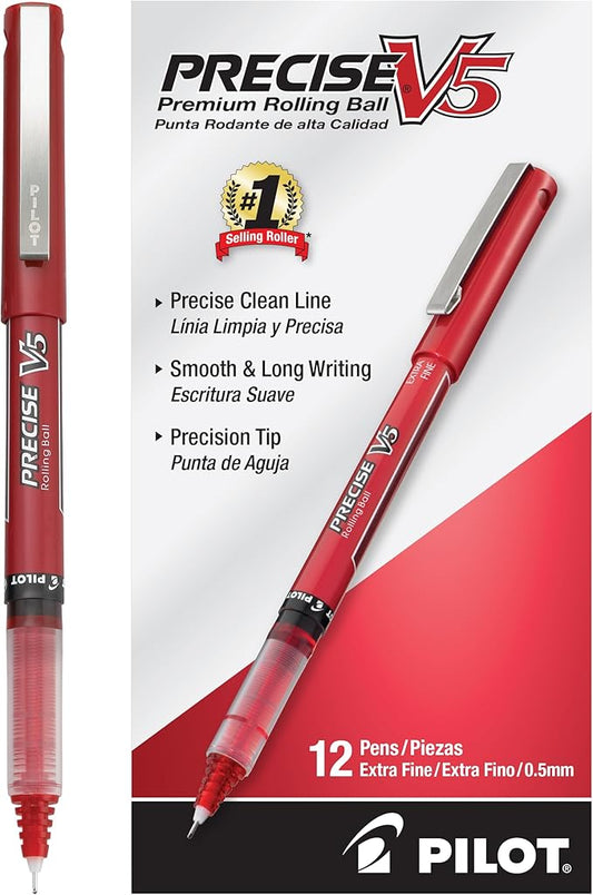 Pilot, Precise V5, Capped Liquid Ink Rolling Ball Pens, Extra Fine Point 0.5 mm, Red, Pack of 12