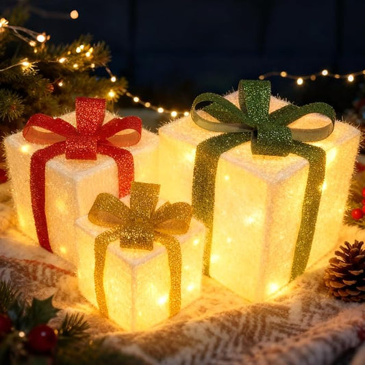 Set of 3 Christmas Lighted Gift Boxes, Large Gift Boxes for Christmas Decorations Outdoor, 50 LED Xmas Box Decorations, Plug-in Warm White Present Box for Indoor/Outdoor, Xmas Tree, Home