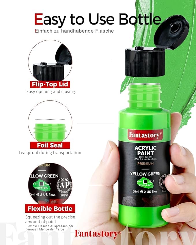 Fantastory Acrylic Paint Set 36 Classic Colors(2oz /60ml) with 12 Brushes, Professional Craft Thick Paints Kits for Adults, Canvas Wood Fabric Ceramic Rock Painting Supplies [Professional Series]