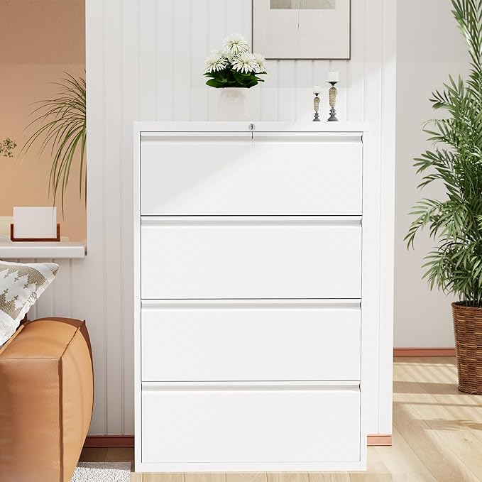 INTERGREAT 4 Drawer File Cabinet, White Lateral File Cabinet with Lock, 36" W Metal Office Filing Cabinet with Adjustable Frame for Legal, Letter, A4 Files