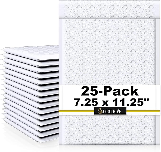 25-Pack 7.25x11.25" White Poly Bubble Mailers, Padded Shipping #1 Envelopes Self Seal Tear Resistant Lightweight Mailing Bags for Small Business, Books, DVDs, Gifts