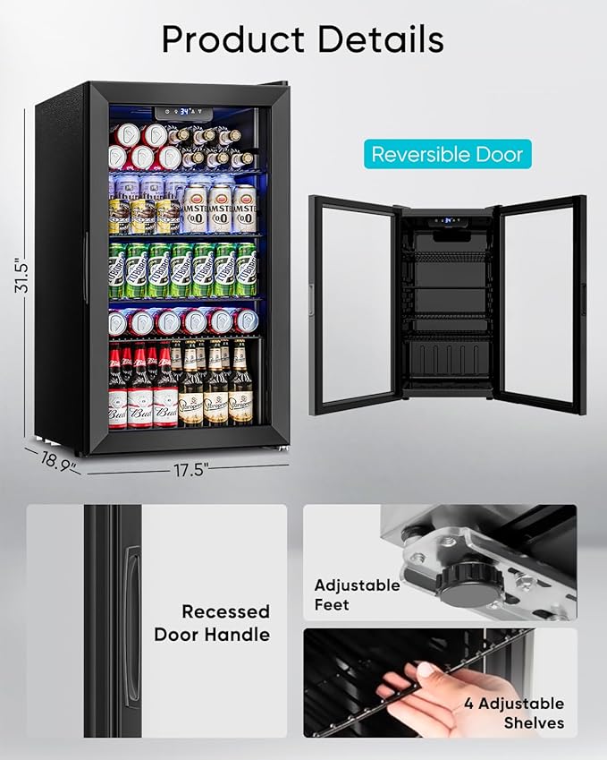 3.2 Cu.Ft Mini Fridge with Glass Door - 126 Can Beverage Refrigerator Cooler for Drink Beer Wine Soda, Small Fridge for Bedroom Office Bar Dorm, 4 Adjustable Shelves, Black