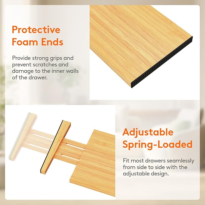 Lifewit 4 Pack Drawer Dividers Bamboo 6" High, 11-17" Adjustable Drawer Organizers for Clothes, Expandable Dresser Separators in Bedroom/Bathroom/Kitchen/Fridge/Office Organization and Storage
