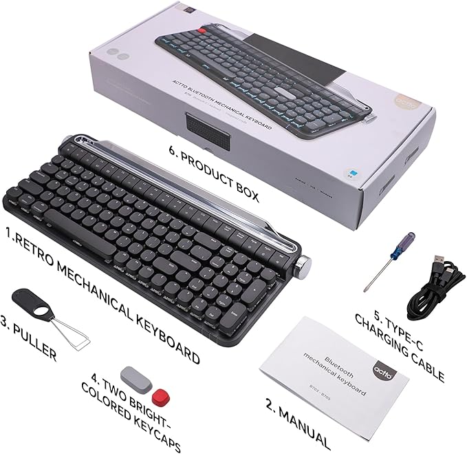 ACTTO B705 Retro Mechanical Keyboard, Bluetooth, Vintage Style with LED Backlight, 100 Keys, Gaming Keyboard for Windows/macos/iOS/Android, Blue Switch (Black)
