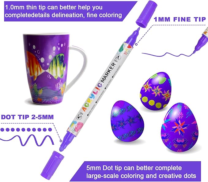 72 Colors Acrylic Paint Pens, Dual Tip Acrylic Paint Markers for Paper, Wood, Canvas, Stone, Rock Painting, Glass, Fabric, DIY, Ceramic, Art Supplies for Kids and Adults Drawing (Dot + Fine)