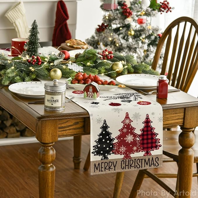 Artoid Mode Red Pine Trees Merry Christmas Table Runner, Winter Xmas Holiday Kitchen Dining Table Decoration for Home Party Decor 13x60 Inch