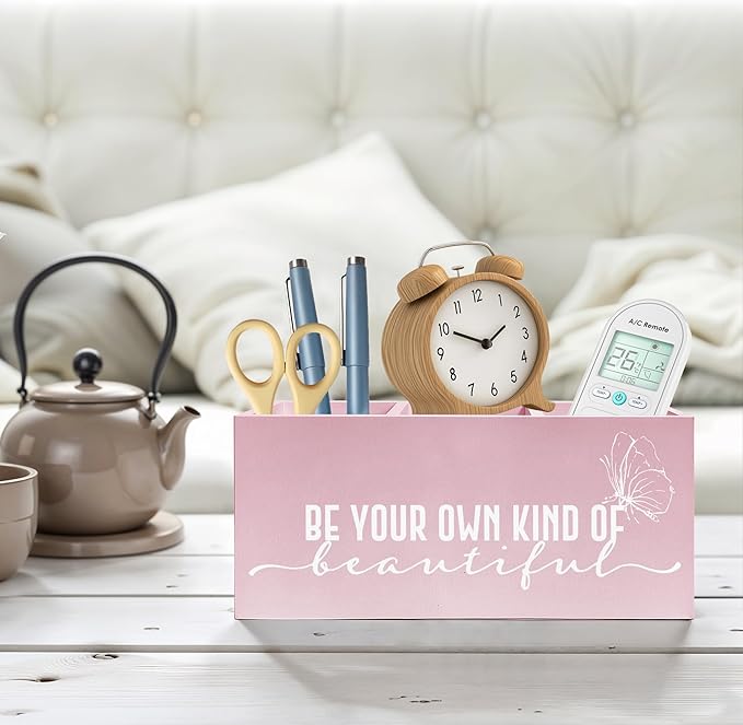 Be Your Own Kind of Beautiful Makeup Brush Toothbrush Holder, Pink Inspirational Wooden Pen Pencil Holder Organizer for Dorm Bedroom Desk Accessories, Back to School Gifts for Girls