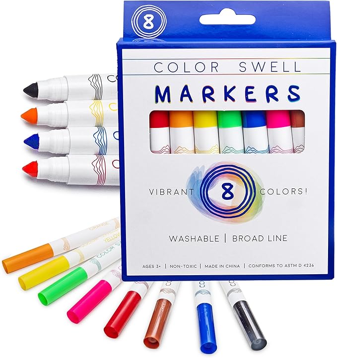 Color Swell 8-Pack Broad Line Markers – Washable, Non-Toxic, Ideal for Kids, Students, Adults, and Classroom Activities