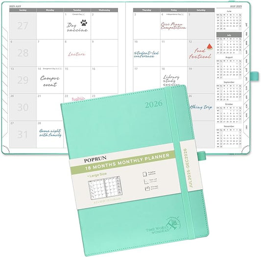POPRUN Monthly Planner 2025-2026 (Large- 8.5" x 10.5" Soft Cover), 18-Month Calendar Book (Jul.2025-Dec.2026), Calendar Planner with Monthly Tabs & Pocket, 100 GSM Paper - Green