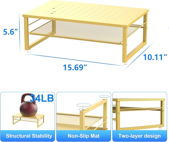 gianotter 2-Tier Metal Monitor Stand Riser, Desk Organizer for Monitor, Office Desk Storage Organizer for Office Supplies (Gold)
