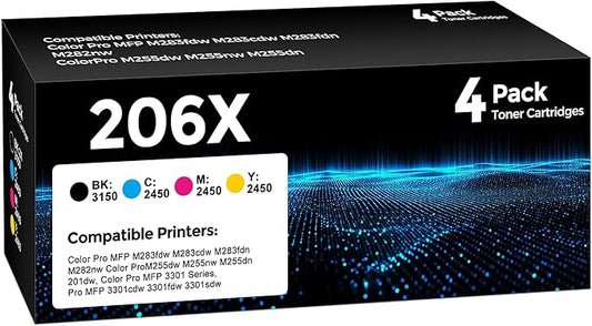 206X High Yield Toner Cartridge 4Pack Compatible with HP 206X 206A Toner Set for HP Color Laserjet Pro M255dw M255nw MFP M283fdw M283cdw M282nw M283fdn Ink（Black/Cyan/Yellow/Magenta