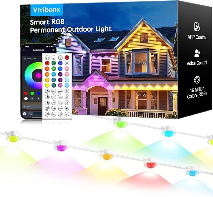 100FT RGB Permanent Outdoor Lights,Waterproof Smart LED Eaves Lights with App/Remote Control,for Christmas and All Holiday Decor,Daily and Accent Lighting,House Roof and Garden