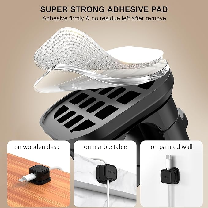 6 Pack Magnetic Cable Clip Organizer Cord Holder, Picozon Adhesive Cable Management, Wire Phone USB Charger Cable Holder Keeper Organizer for Car, Office Home Desktop, Wall, Night Table - Black