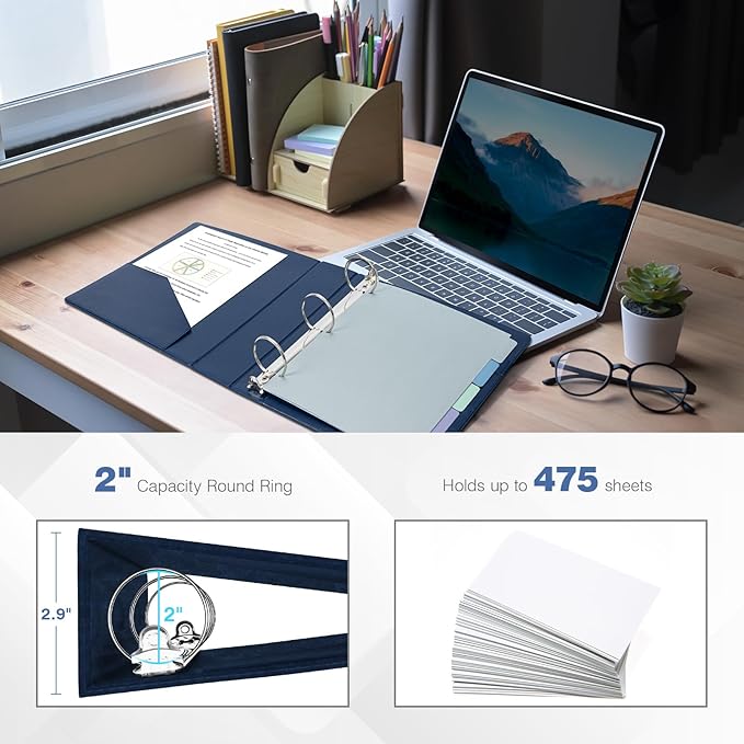 Ospelelf 3 Ring Binder With Clipboard - 2 Inch Vintage Leather Organizer for Letter Size (8.5" x 11"), Professional Dividers With 5 Tabs, Dark Blue