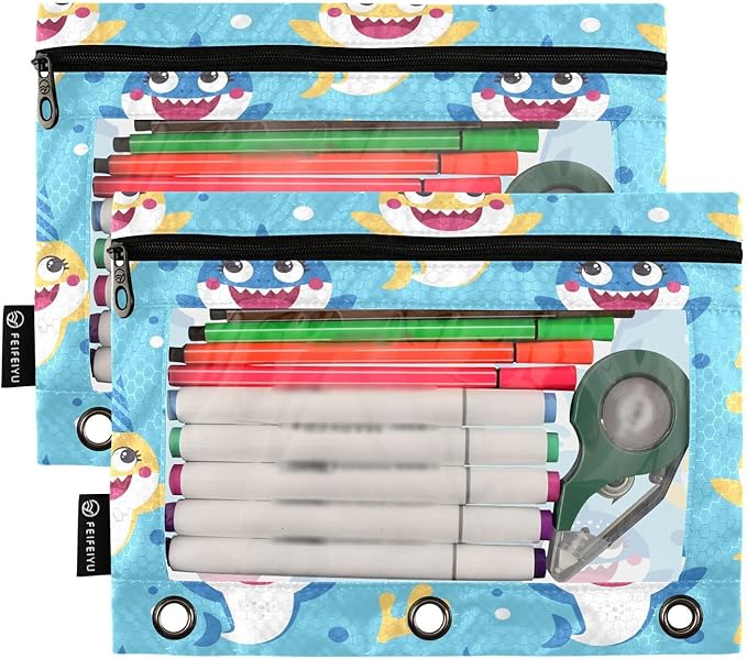Cute Shark Pencil Pouch for 3 Ring Binder, 2 Pack Waterproof Pencil Bags Clear Window Zipper School Office Supplies