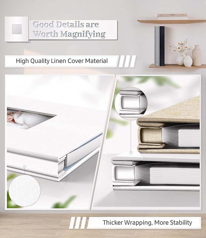 Photo Album Self Adhesive Scrapbook Album for 3x5 4x6 5x7 8x10 Pictures, 60 Pages Linen Cover with Display Window DIY Photo Book,Ideal Gifts for Family Travel Wedding Baby