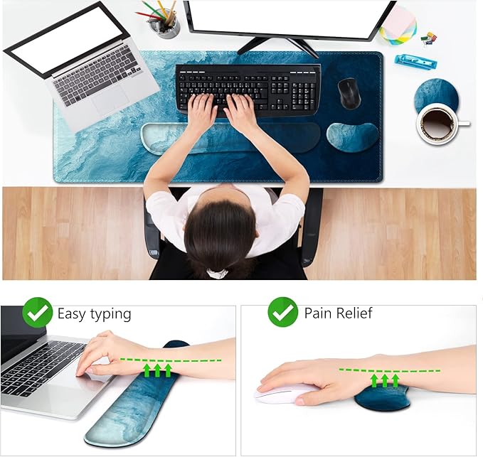 AIMSA Large Gaming Mouse Pad Set, Keyboard Wrist Rest Support + Extended Mouse Pad + Mouse Wrist Cushion + Coaster, Ergonomic Memory Foam Multifunctional Desk Mat 35x15.7inch (Dark Blue Waves)
