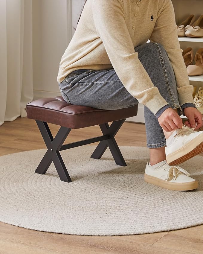 IBUYKE Small 12" H Footrest Stool, Square PU Foot Stool with Metal X-Leg, Multi-Use as Small Side Table, Step Stool for Living Room, Bedroom, Entryway, Office, Dark Brown WBD012Z