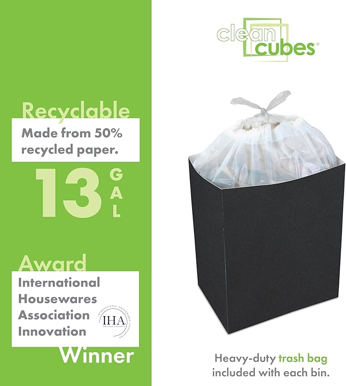 | 13 Gallon Disposable Trash Cans (3-Pack) with Fitted Trash Bags - Reusable Garbage and Recycling Bins for Parties, Events, and More (Black - 17" Height x 13.5" Width x 10" Depth)