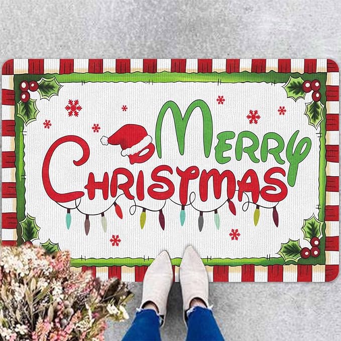 Christmas Door Mat Outdoor, Merry Christmas Plaid Hat Light Snowflakes Welcome Mats for Front Door Holiday Doormat Indoor Entryway Floor Rug for Entrance Outside Home, 18" x 30"Inch