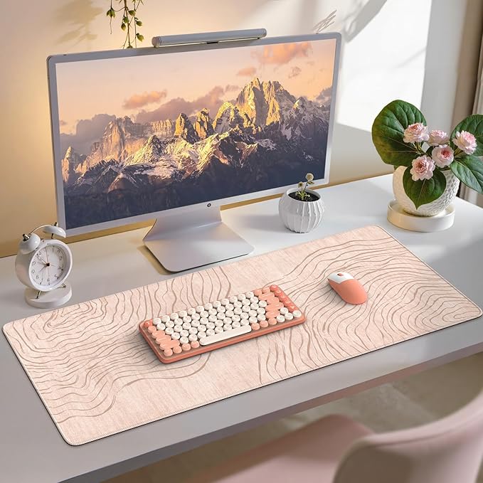 iCasso Big Mouse Pad,Aesthetic Desk Cover Mat for Desktop,Anti-Slip Computer Mat with Stitched Edges,Cute Beige Keyboard Mat for Women,Extended Long Desk Protector for Office Home Dorm