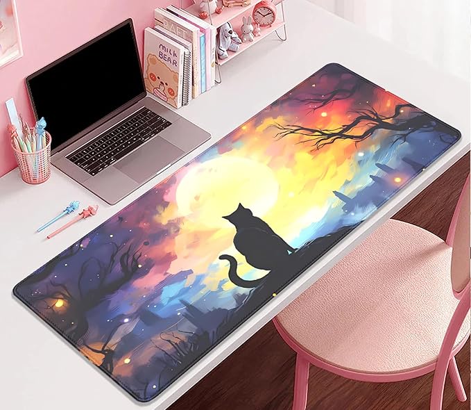 Black Cat Starry Night Mouse Pad Desk Mat,Large Extended Gaming Mouse Pad with Stitched Edges,Non-Slip Waterproof Rubber Base for Office,Computer,Keyboard,Laptop and Home Desk Pad(27.5X11.8 in)
