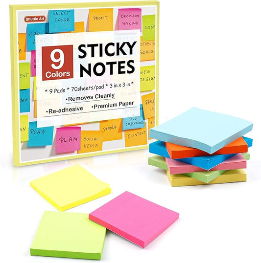 Sticky Notes, Shuttle Art 9 Bright Colors Stickies, 9 Pads 630 Sheets Total, 3x3 Inches Self-Stick Pads for Home, School, Office