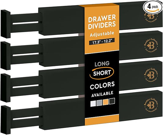 Bambüsi 4 Pack Drawer Divider - Bamboo 2.6" High, 12.5-17" Adjustable Drawer Organizers for Clothes, Expandable Dresser Separators in Bedroom/Bathroom/Kitchen/Office Organization and Storage (Black)
