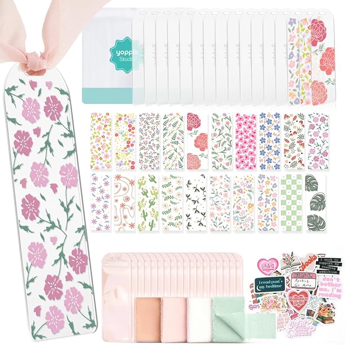 6x2” Acrylic Bookmark Blanks- 20 Set Bookmark Making Kit with 20 UV DTF Stickers About Flower Theme 20 Ribbon 80 Bookish Stickers for DIY Your Crafts Gift for Book Lover