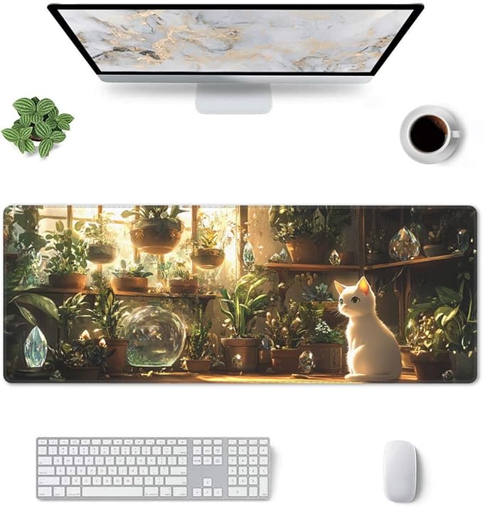 Cat Plant Mouse Pad 31.5 X 11.8 Inch Big Desk Rubber Base Stitched Edges Keyboard Pad XXL Mouse Mat for Home Game and Office