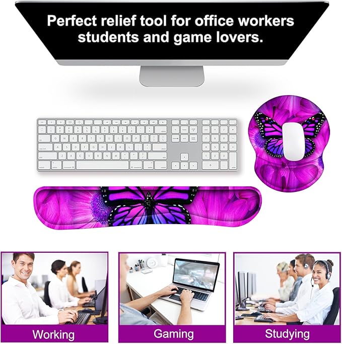 ARTSO Ergonomic Mouse Pad with Wrist Rest, Comfortable Keyboard Wrist Rest, Memory Foam Mousepad for Computer Keyboard, Mouse Pad Set for Easy Typing, Pain Relief, Purple Butterfly