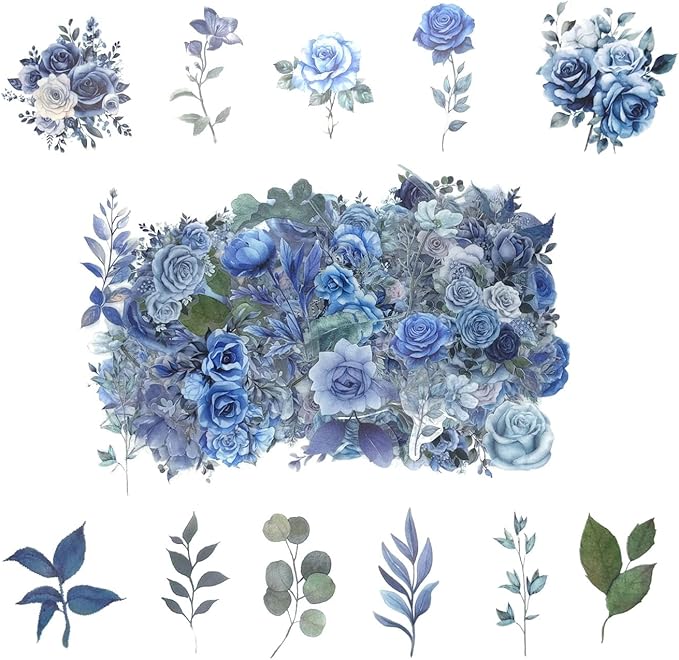 100 Pcs Blue Flower Stickers, Wildflower Stickers for Scrapbooking Junk Journal Card Making Collage Notebook Diary Planner Letter Envelope Water Bottle Phone Case Craft Decoration (Blue)
