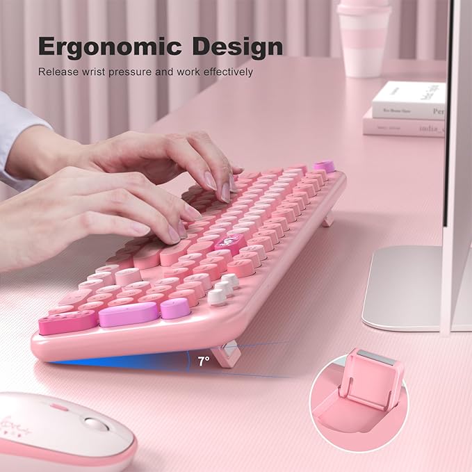 Wireless Keyboard and Mouse, Typewriter Full Size Keyboard with Number Pad and 2 in 1 USB Connected Mouse for Windows 7/8/10, Laptop, Desktop, PC, Computer (Pink Colorful)