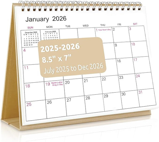SKYDUE Small Desk Calendar 2025-2026, Jul. 2025 to Dec. 2026, 18 Months Small Desk Calendar with Planner Stickers, 8.5" x 7" Desktop Calendar Planner, Kraft