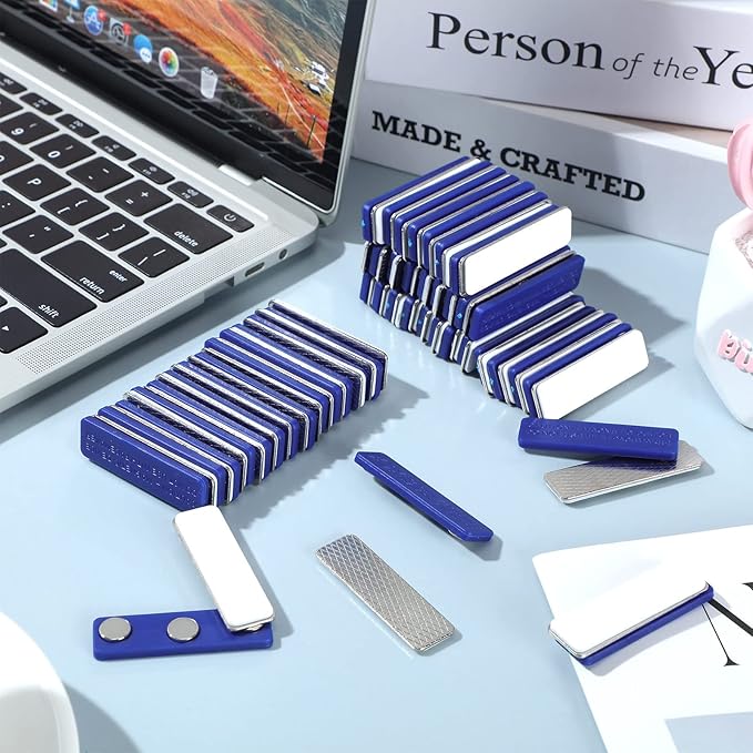 Mtlee 100 Packs Name Tag Magnets Magnetic Name Badge Holders ID Fastener Clip with 3 Neodymium and Adhesive Backing for Uniform Jackets(Navy Blue)