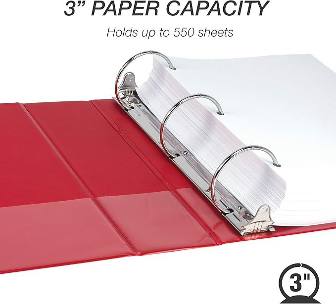 Samsill 3 Inch 3 Ring Binder, Made in USA, Economy Round Ring, Clear View Cover, 550 Sheet Capacity - for School, Home, Office - Ruby Red
