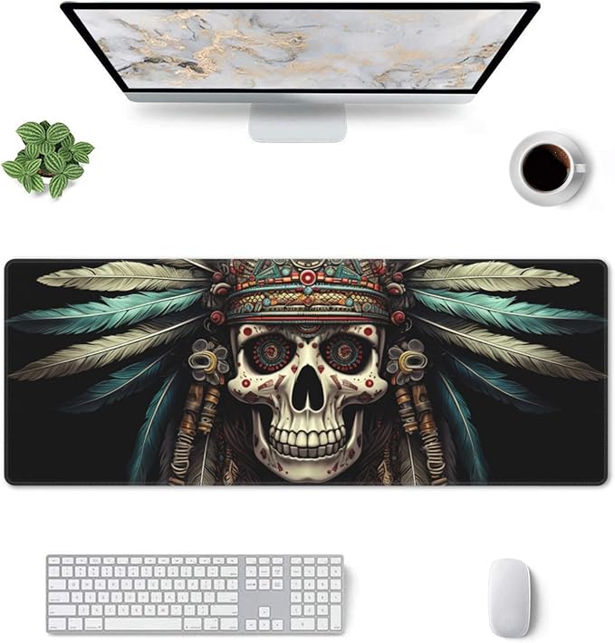 Cute Intricately Decorated Skull with Feather Headdress Pattern Mouse Pad 31.5 x 12 Inch, Non-Slip Rubber Base, Ergonomic Design for Pain Relief, Perfect for Computer Users
