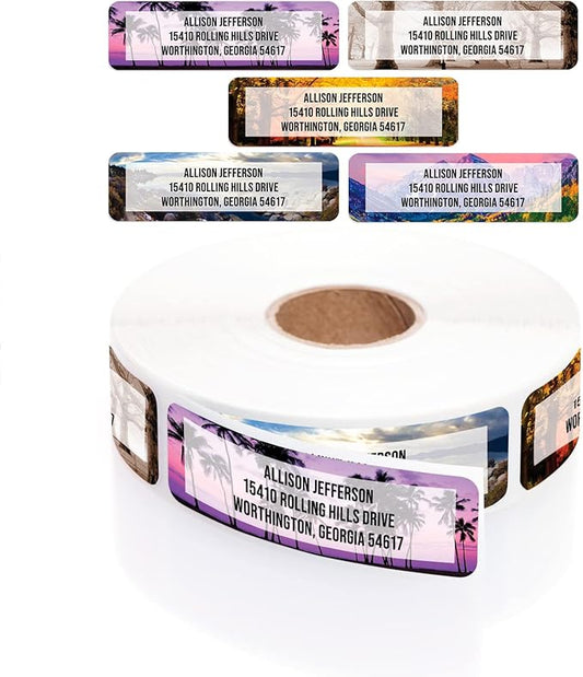 Breathtaking Landscape Rolled Address Labels / 500 Personalized Return Address Labels/Designer Address Stickers in Elegant Plastic Dispenser