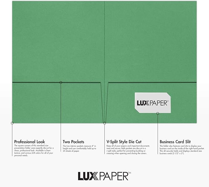 LUXPaper 9" x 12" Presentation Folders | Two Pocket | Holiday Green | 100lb. Cover | 10 Qty