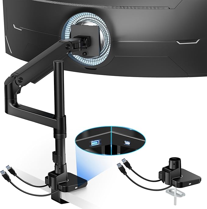ARES WING Ultrawide Monitor Mount with USB A/C, with Extended Column for 17 to 49 inch Heavy Duty Monitor, Holds 44 lbs, Adjustable Gas Spring Desk Mount, Black