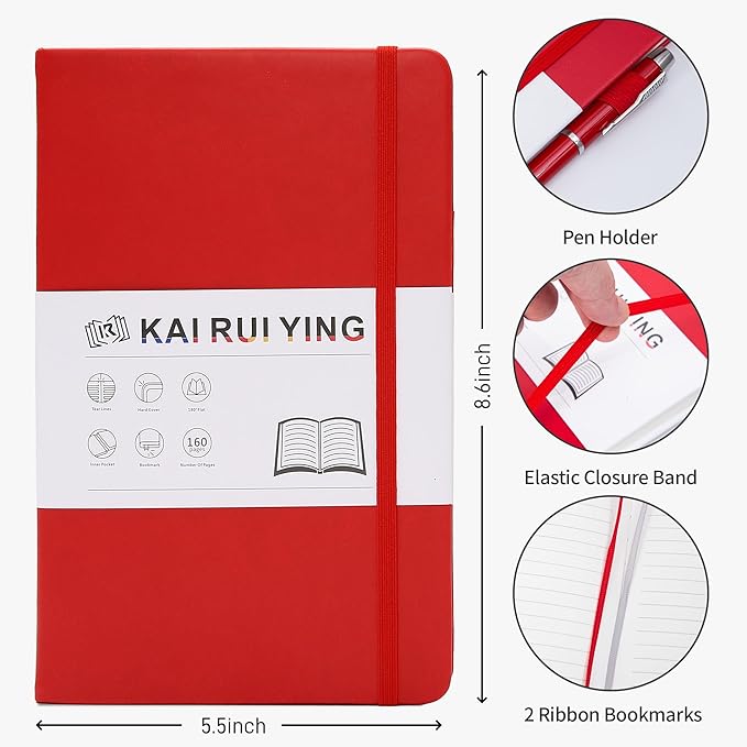 KaiRuiYing Lined Journal Notebook with Pen Holder, 160 Pages, 5.5'' × 8.6'' Medium Size A5-100 GSM Thick Paper, for Writing, Work, Office, Leather Hardcover